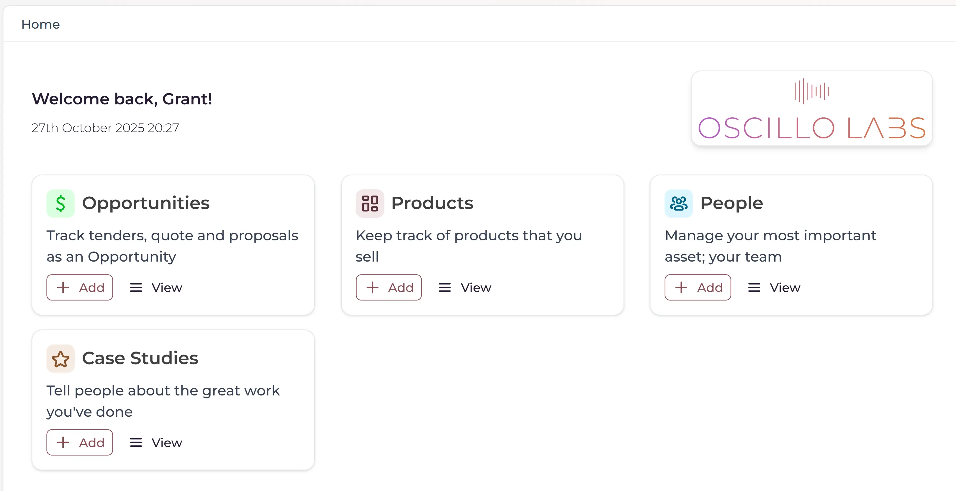 CaptureBidWin management dashboard showing opportunities, products, people, and case studies modules with add and view options