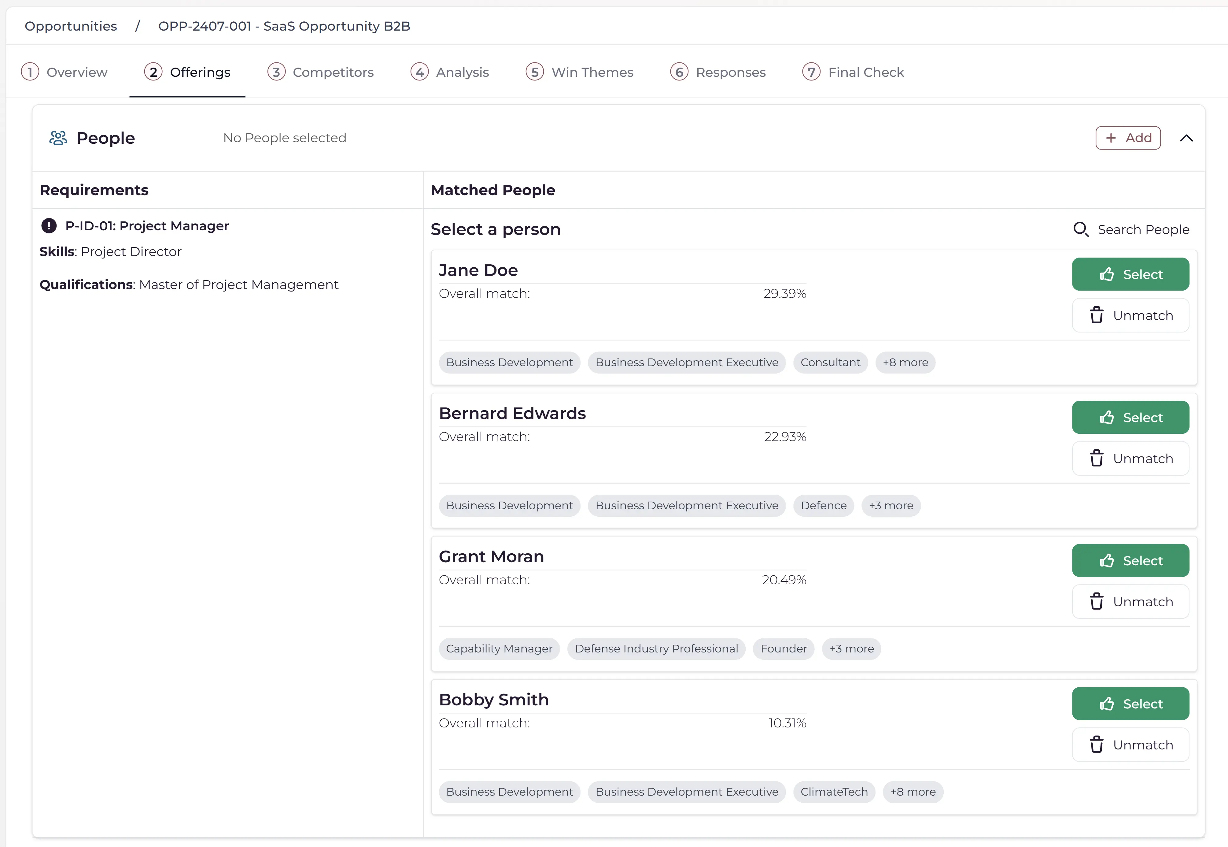 Team member matching interface displaying project manager requirements with candidate profiles showing overall match percentages and relevant skills