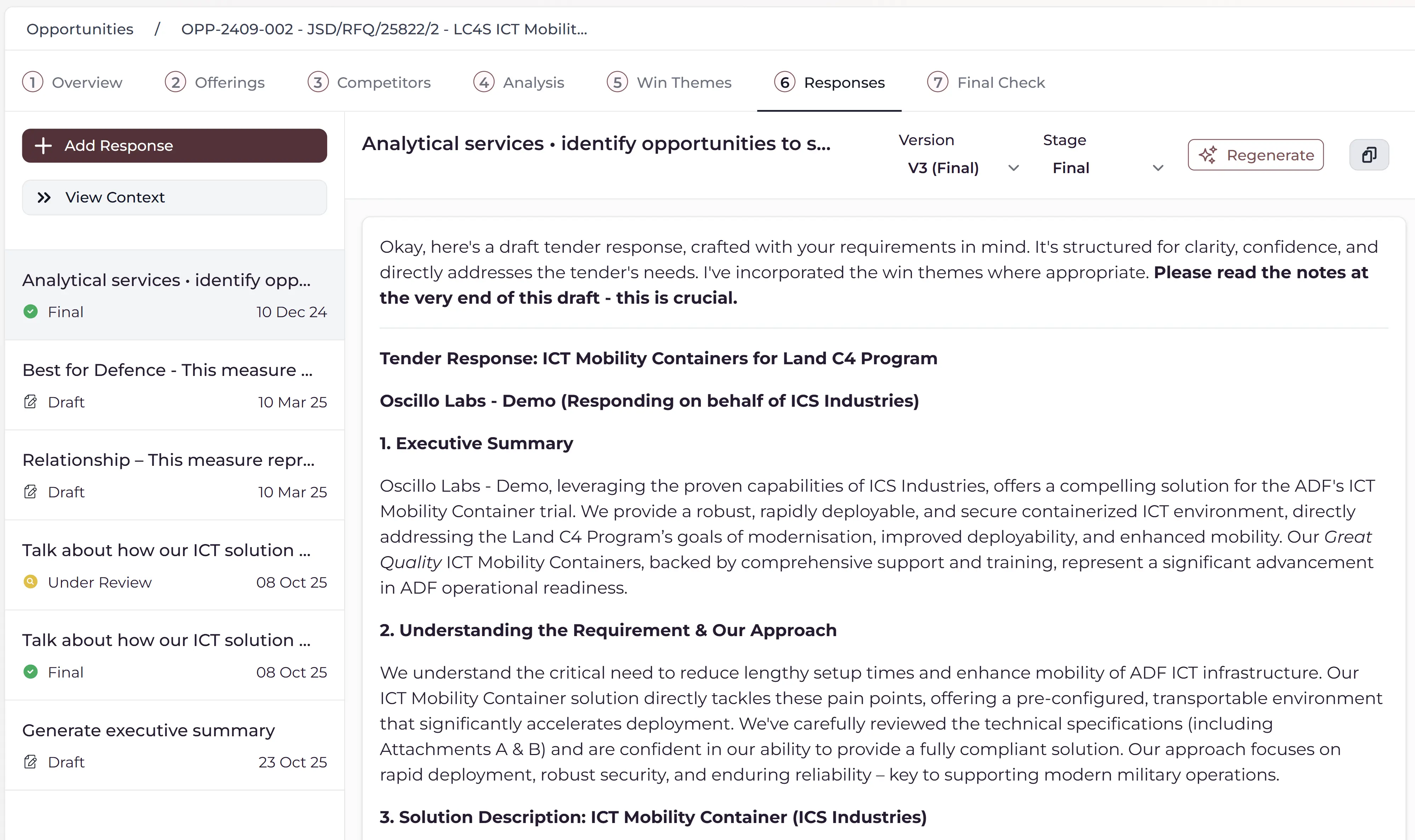 Tender response document for ICT Mobility Containers showing executive summary and requirements approach for defense contract proposal